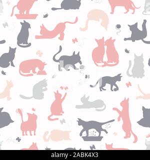 Cartoon cat characters seamless pattern. Different cat`s poses, yoga and emotions set. Flat simple style design. Vector illustration Stock Vector